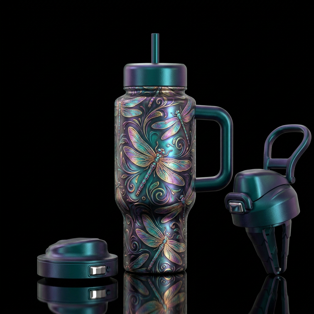 Dragonfly, magical, vibrant, fantasy, happy mood, ... water bottle design