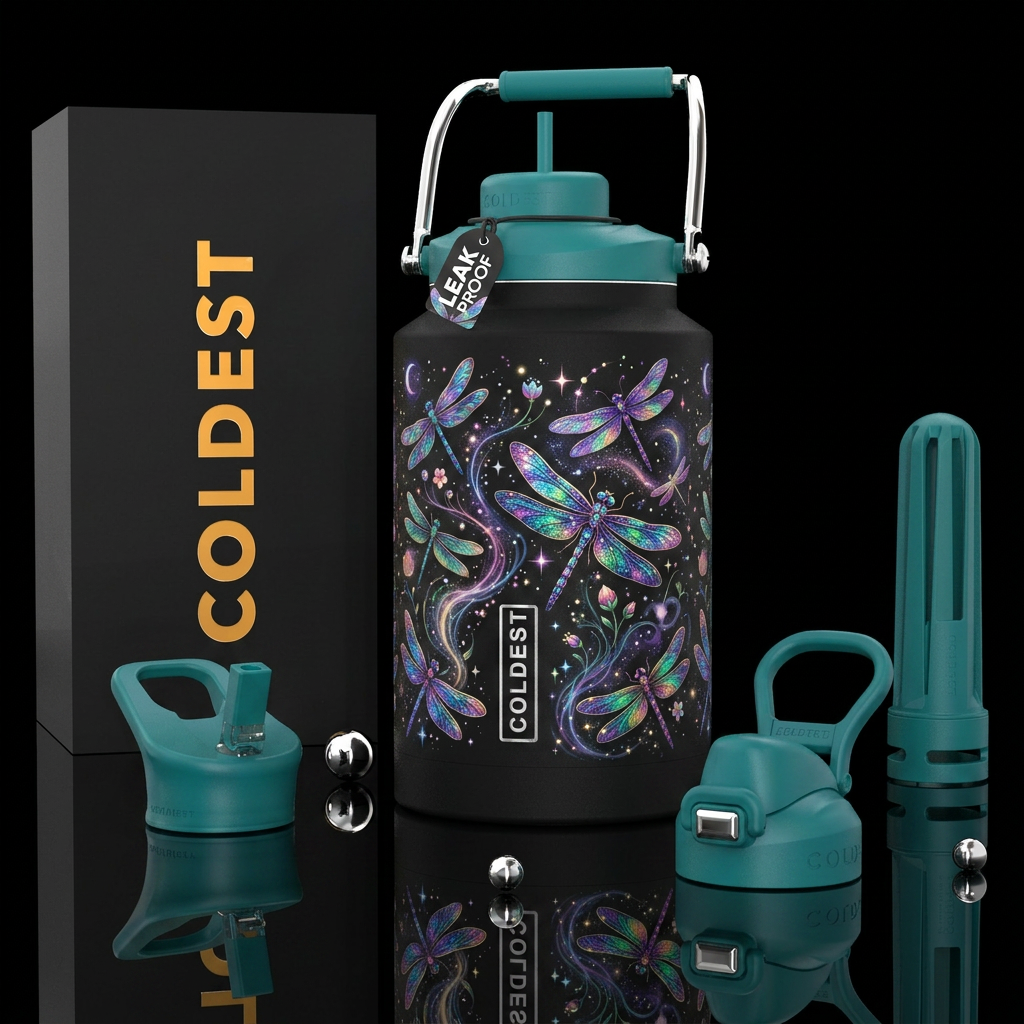dragonfly, sparkly, magical, whimsical, stylistic,... water bottle design