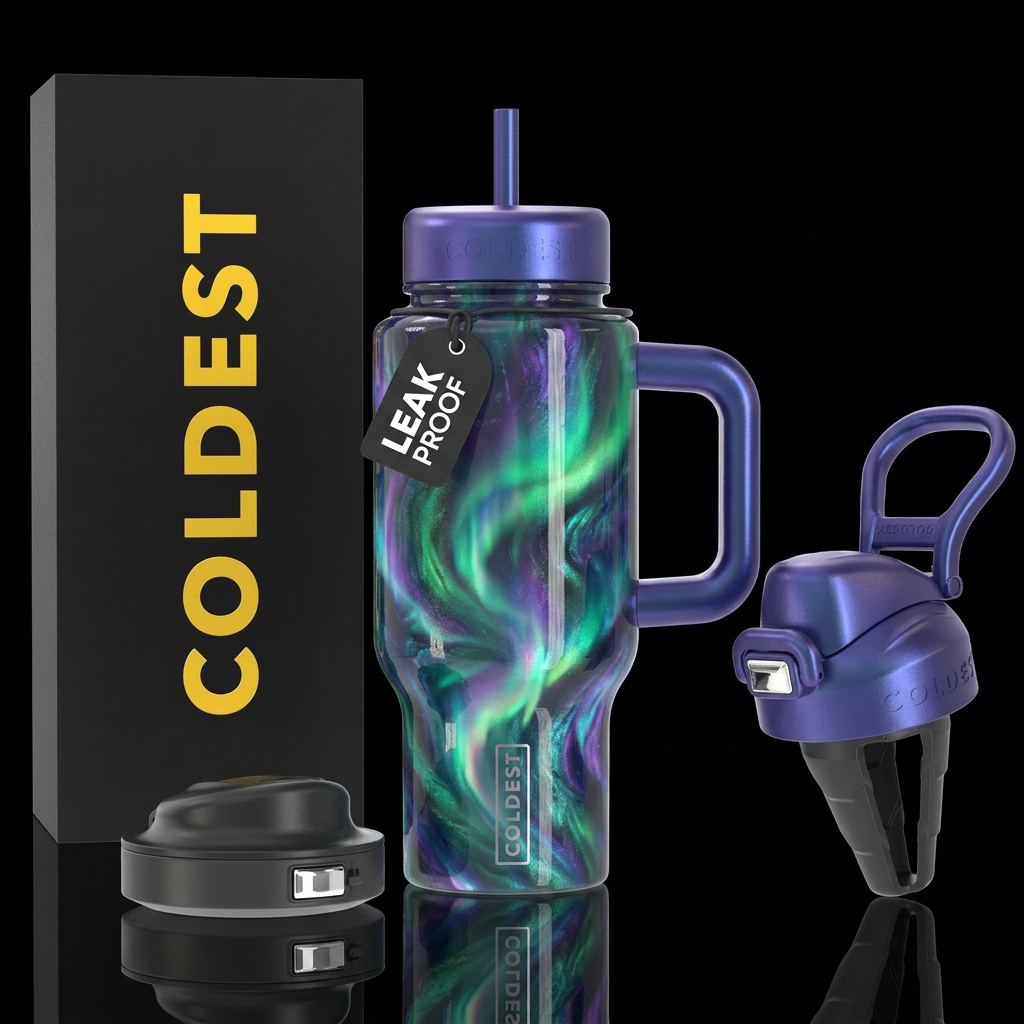 northern lights, magical, beautiul, shiny, whimsic... water bottle design