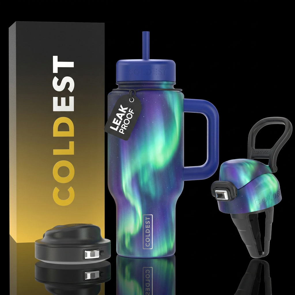 northern lights, magical, beautiul, shiny, whimsic... water bottle design