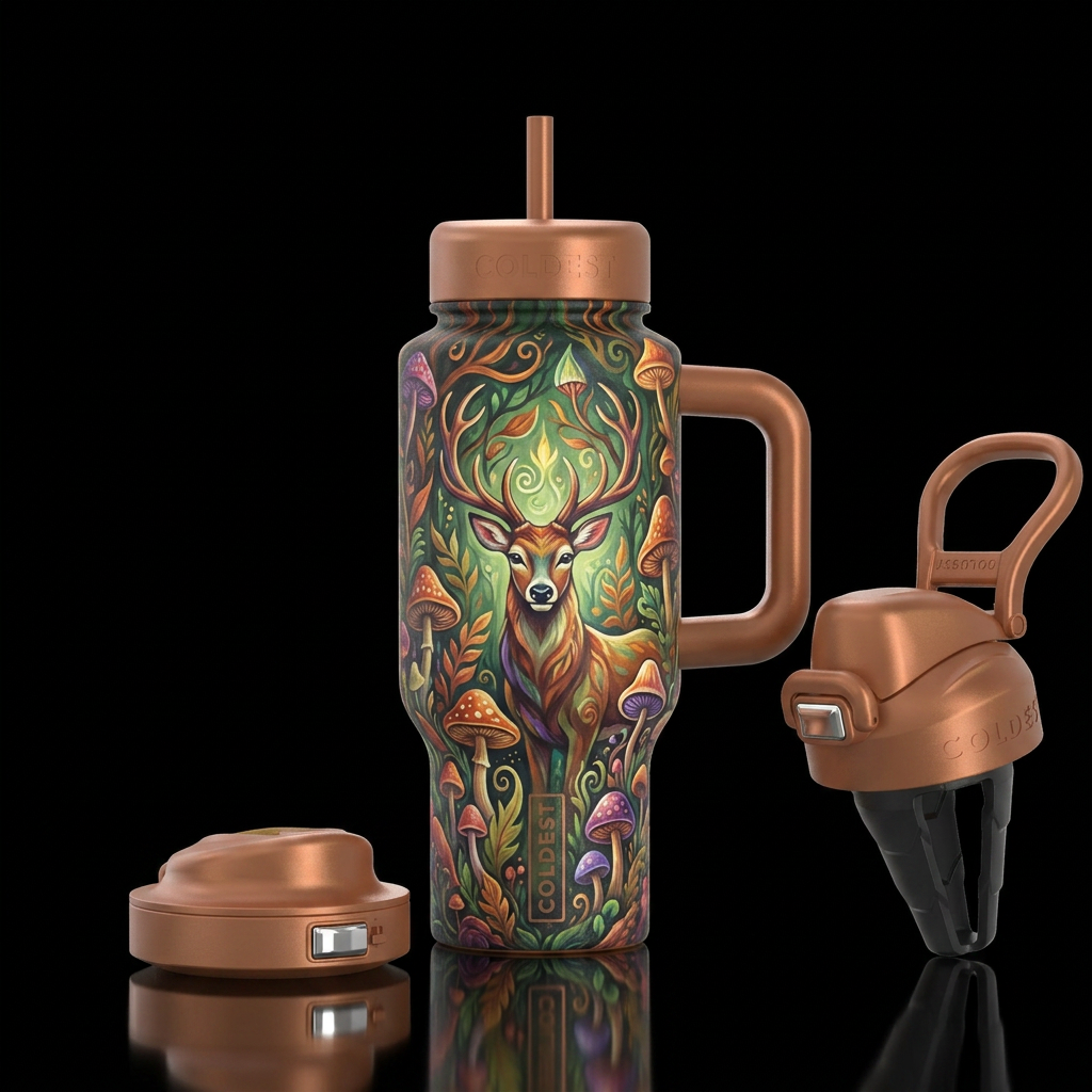 deer, whimsical, stylistic, rustic, inbued, painti... water bottle design