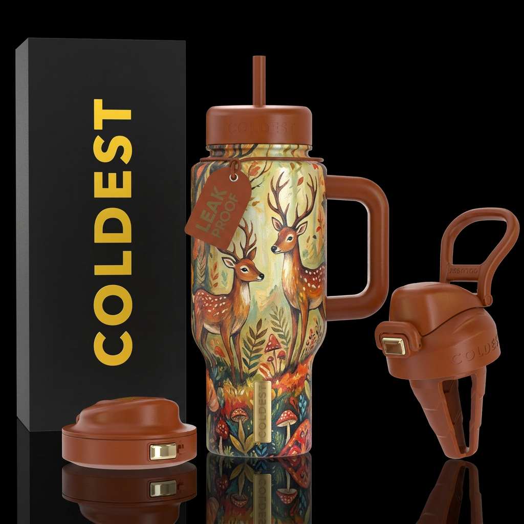 deer, whimsical, stylistic, rustic, inbued, painti... water bottle design