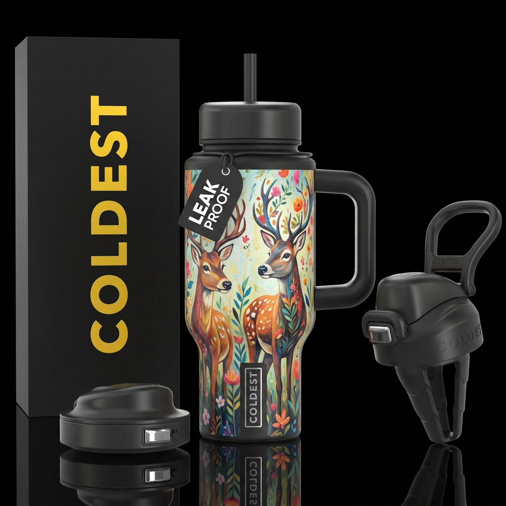 deer, whimsical, stylistic, rustic, inbued, painti... water bottle design