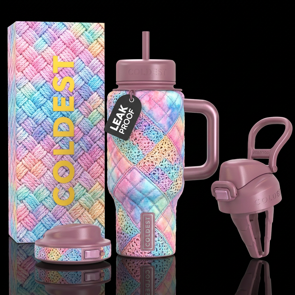 quilted,crotche,, vibrant, beautiul, stylistic, in... water bottle design