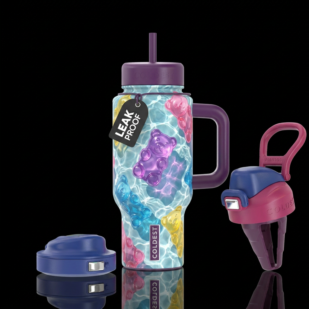 Purple, pink, blue and yellow gummy bear pool floa... water bottle design