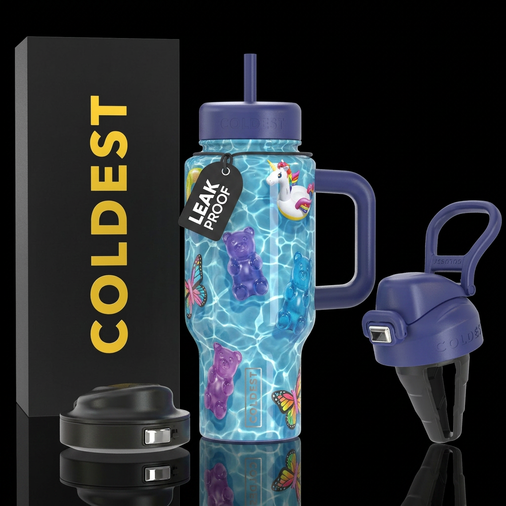 Unicorn pool floats,purple and blue gummy bear poo... water bottle design