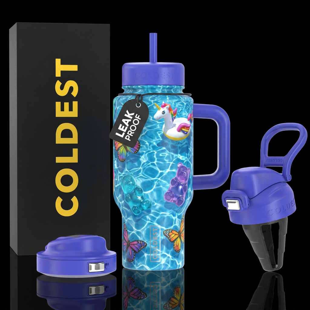 Unicorn pool floats,purple and blue gummy bear poo... water bottle design