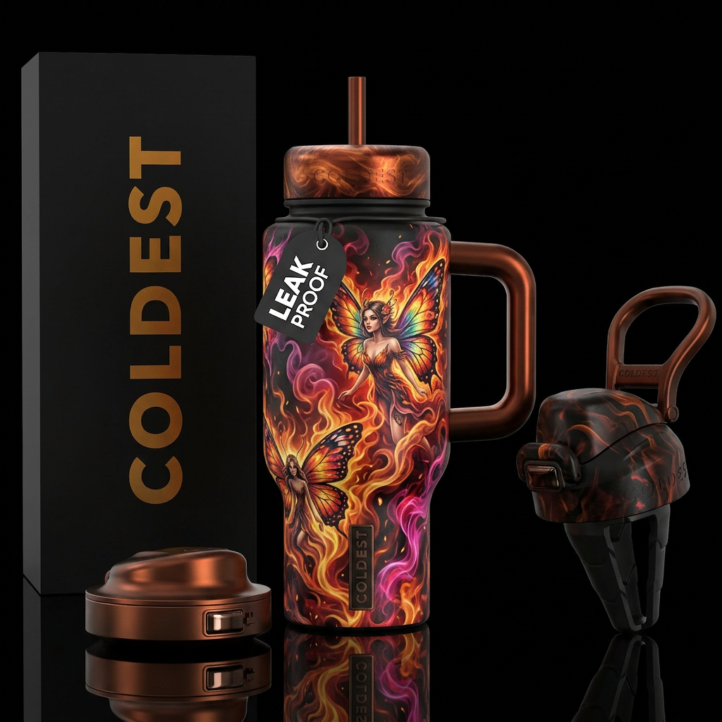 tattoo style, butterfly fairies, fantasy, realism,... water bottle design