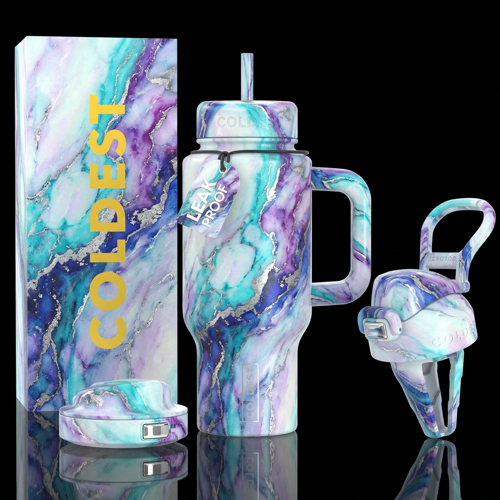 Marbled opalecent, turquoise, amethyst, sapphire, ... water bottle design