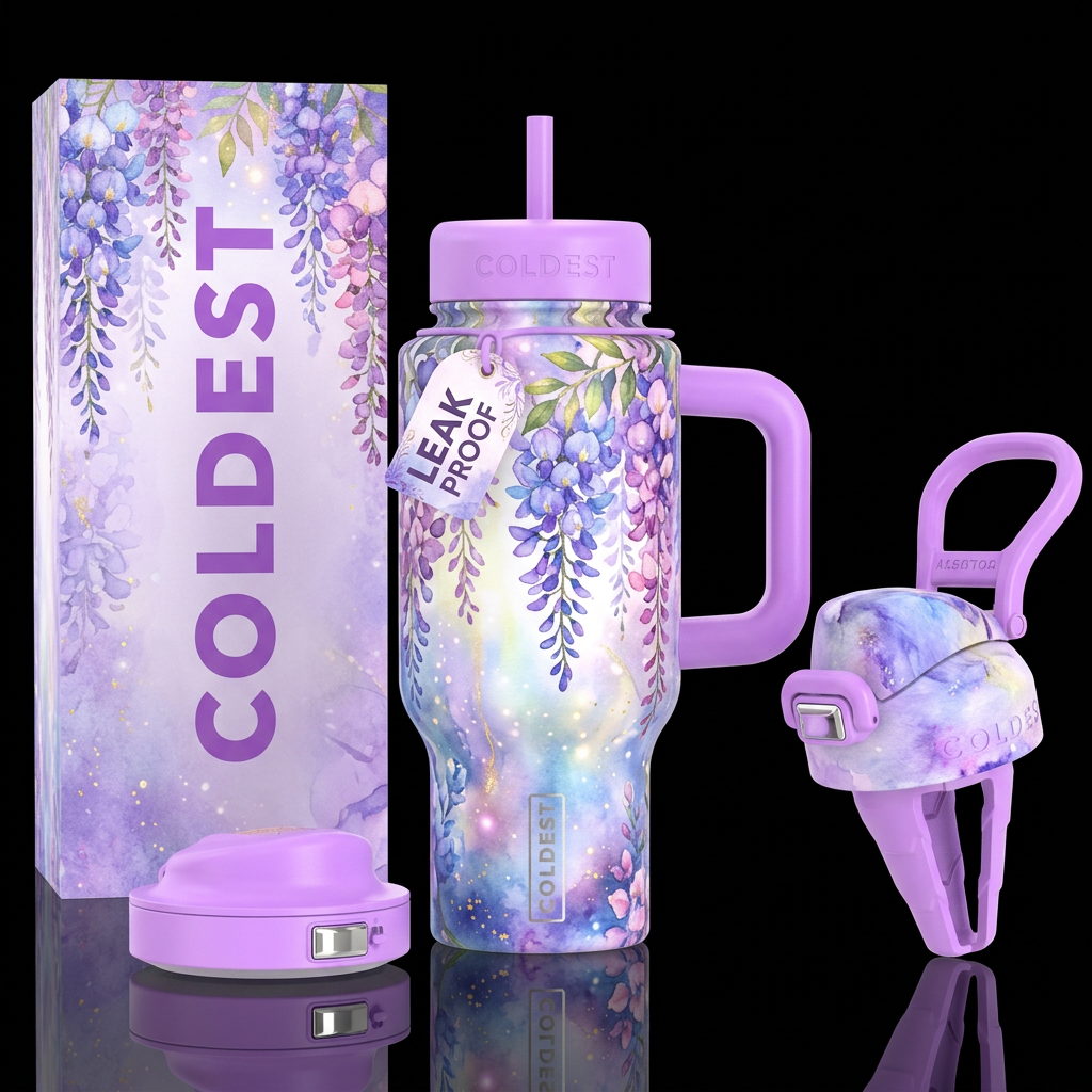 Wisteria trees, vibrant, fantasy, beautiul, waterc... water bottle design