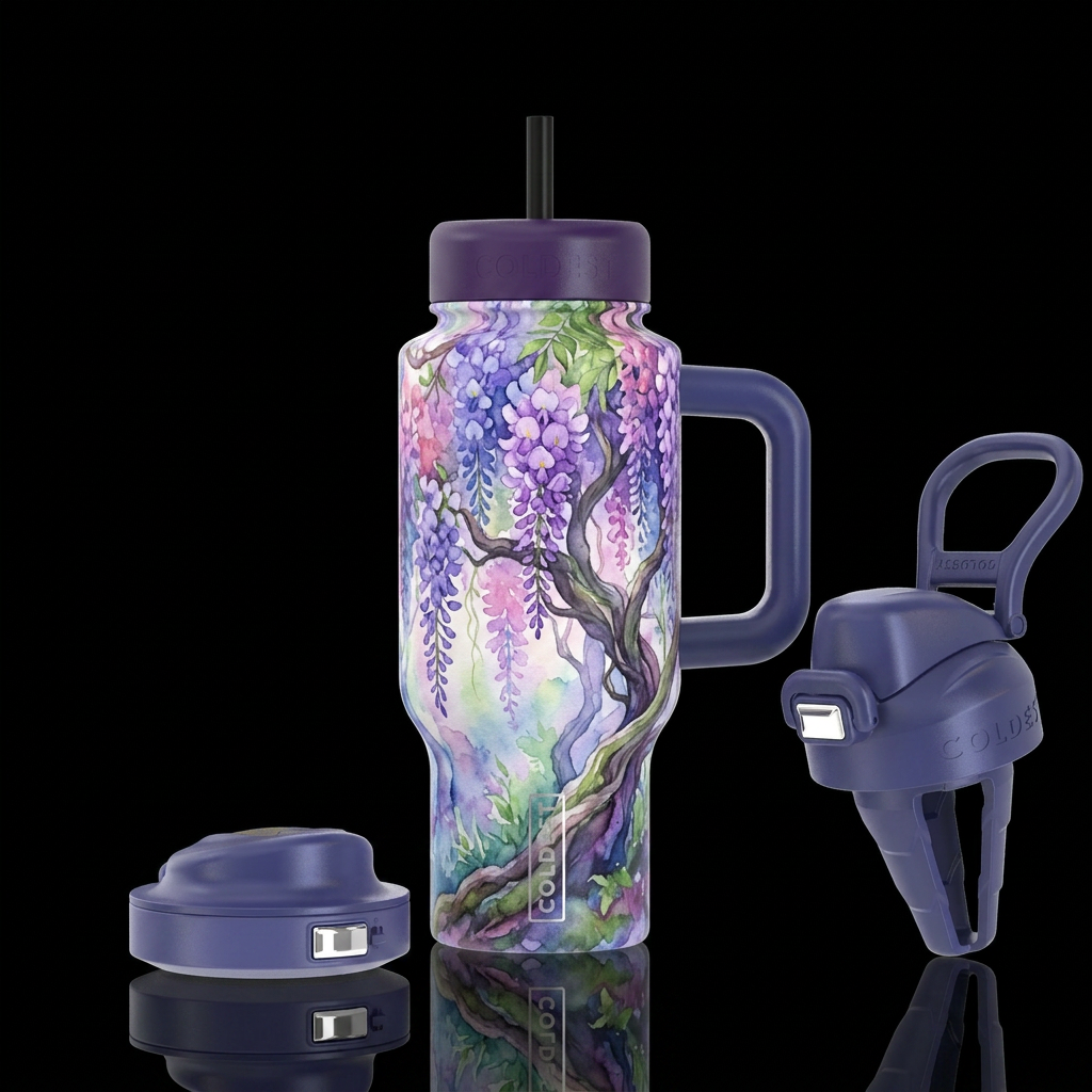 Wisteria trees, vibrant, fantasy, beautiul, waterc... water bottle design