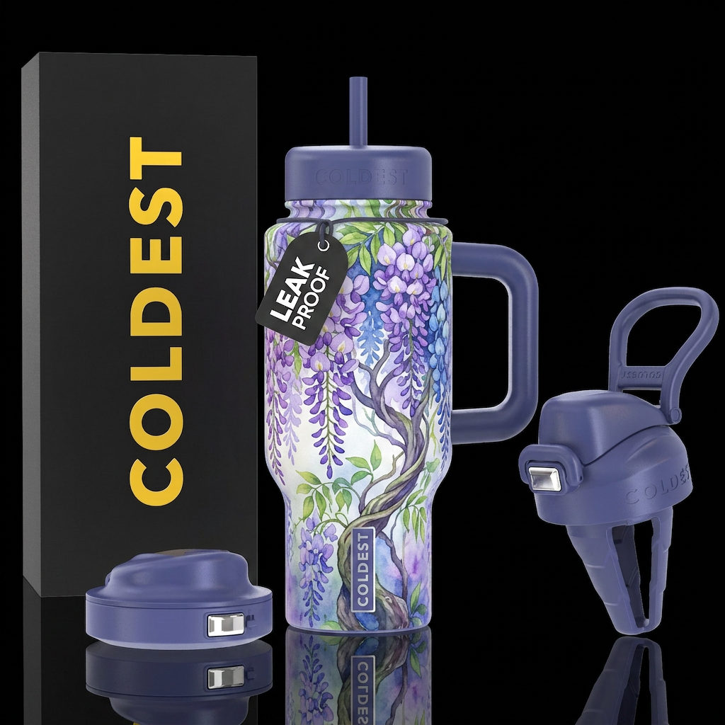Wisteria trees, vibrant, fantasy, beautiul, waterc... water bottle design
