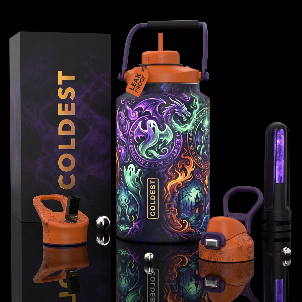 mysterious,halloween, vibrant, glowie, haunted, in... water bottle design