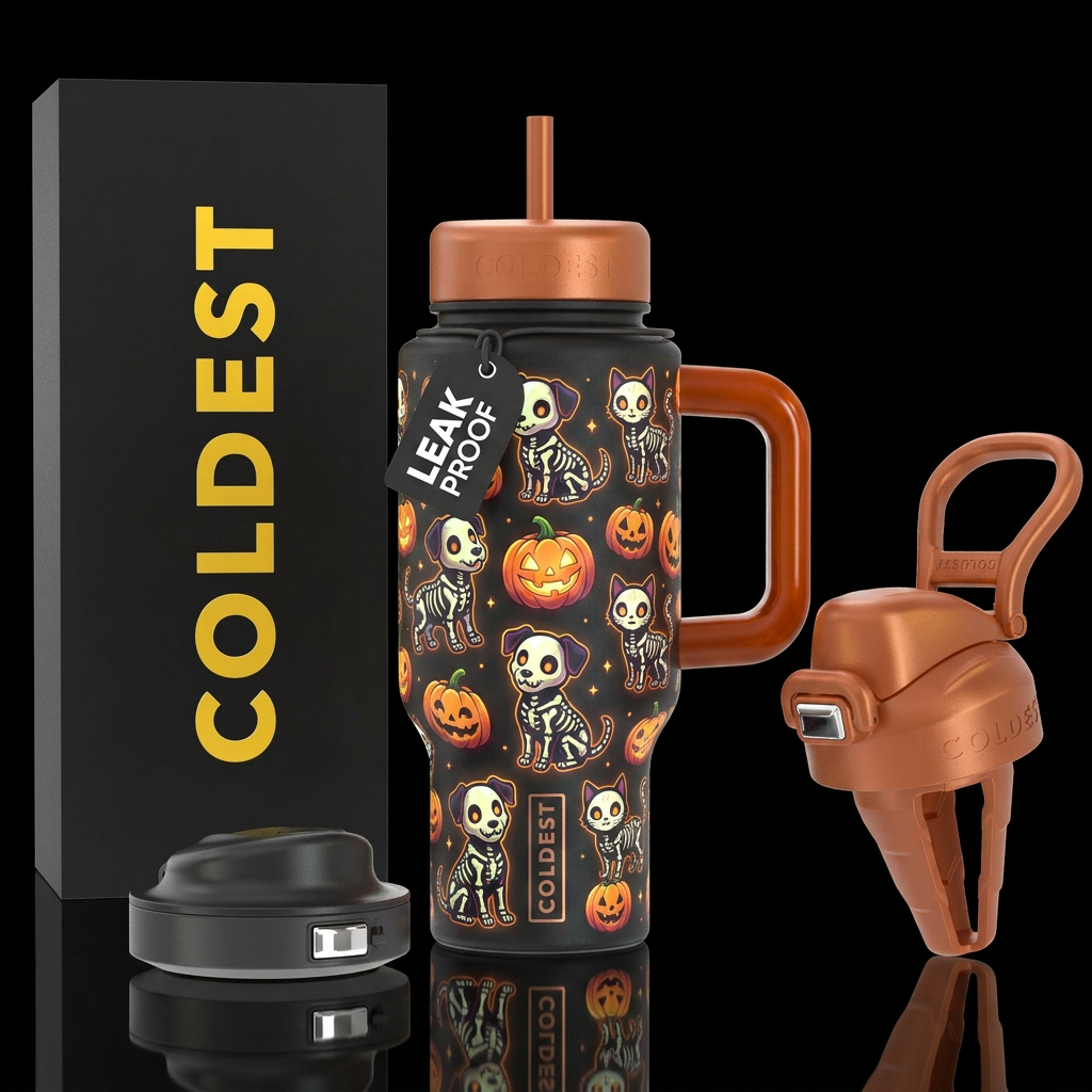 Glowie skeleton dogs and cats halloween inbued, ca... water bottle design