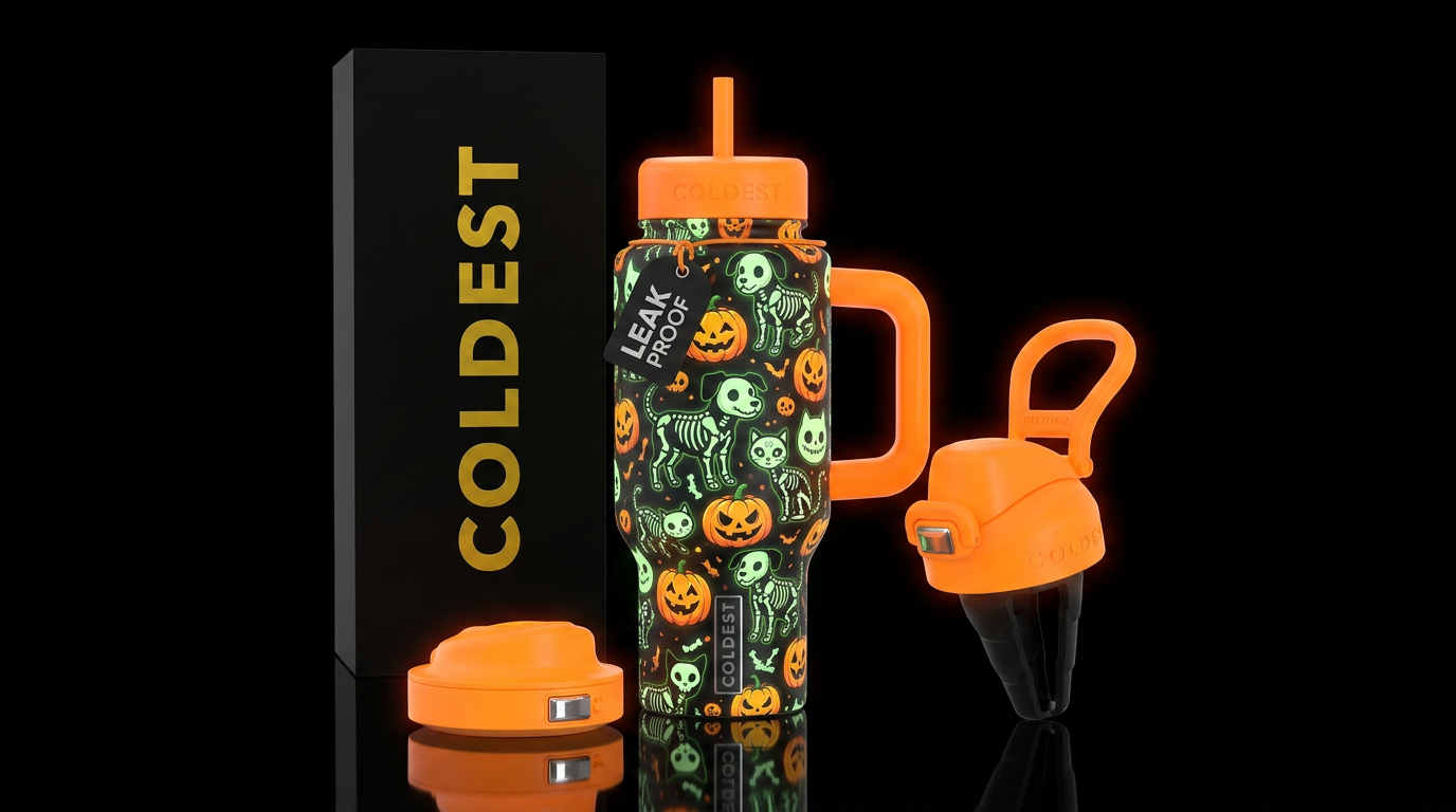 Glowie skeleton dogs and cats halloween inbued, ca... water bottle design