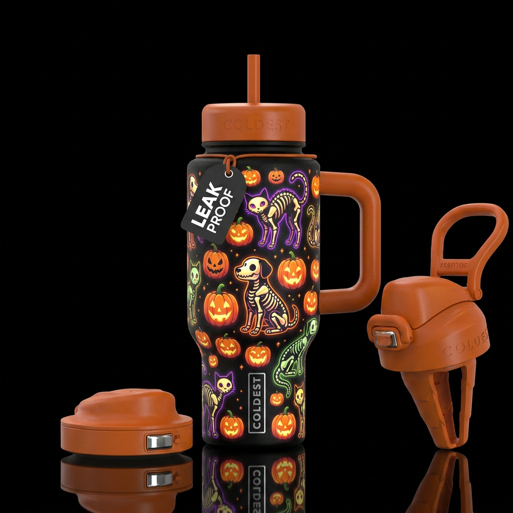 Glowie skeleton dogs and cats halloween inbued, ca... water bottle design