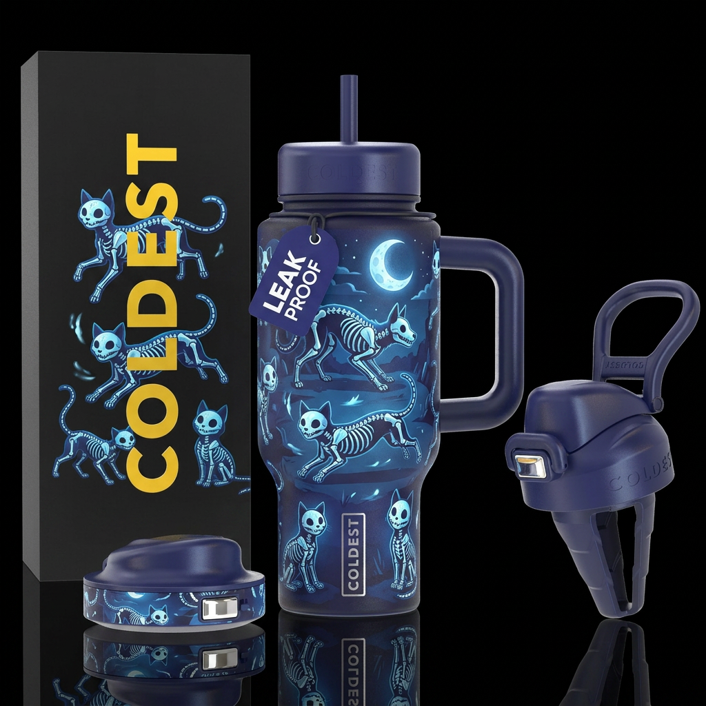 Moonlight cartoon skeleton dogs and cats water bottle design
