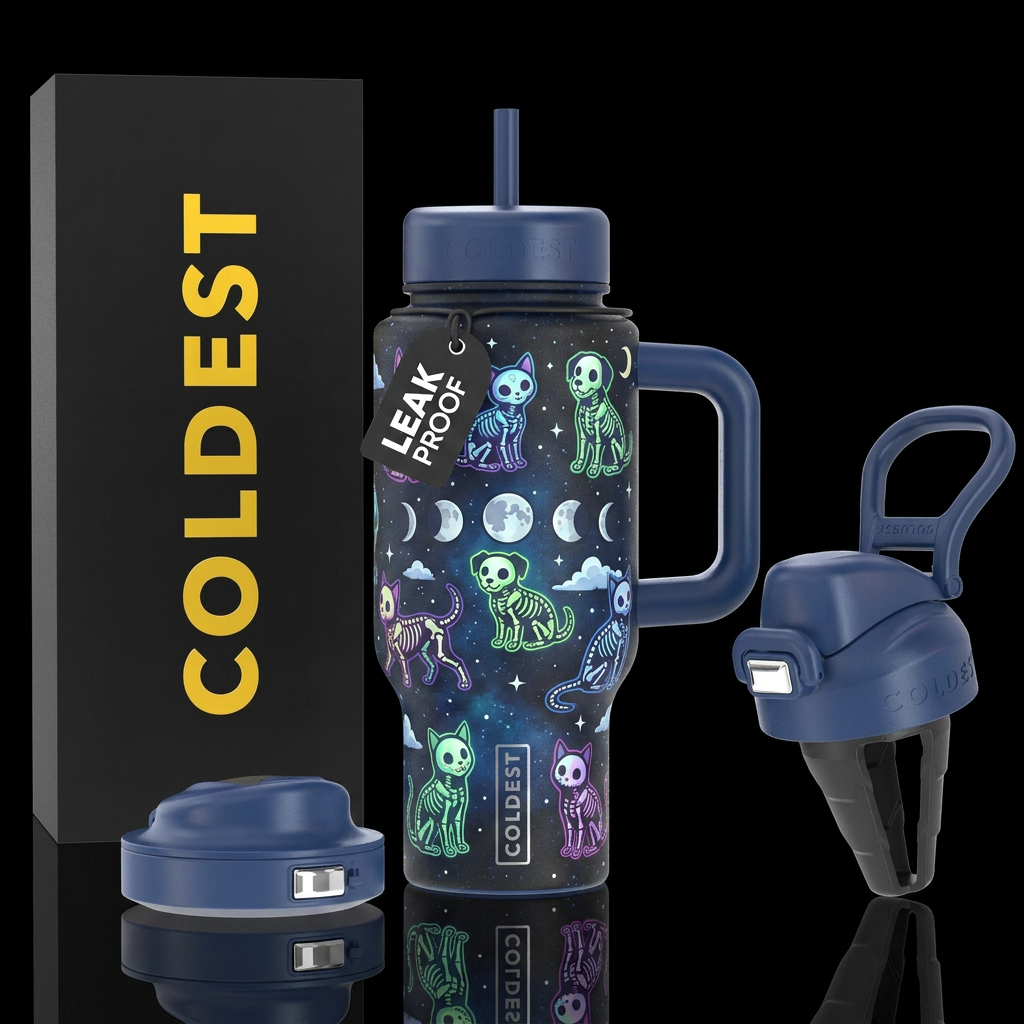 Moonlight cartoon skeleton dogs and cats water bottle design