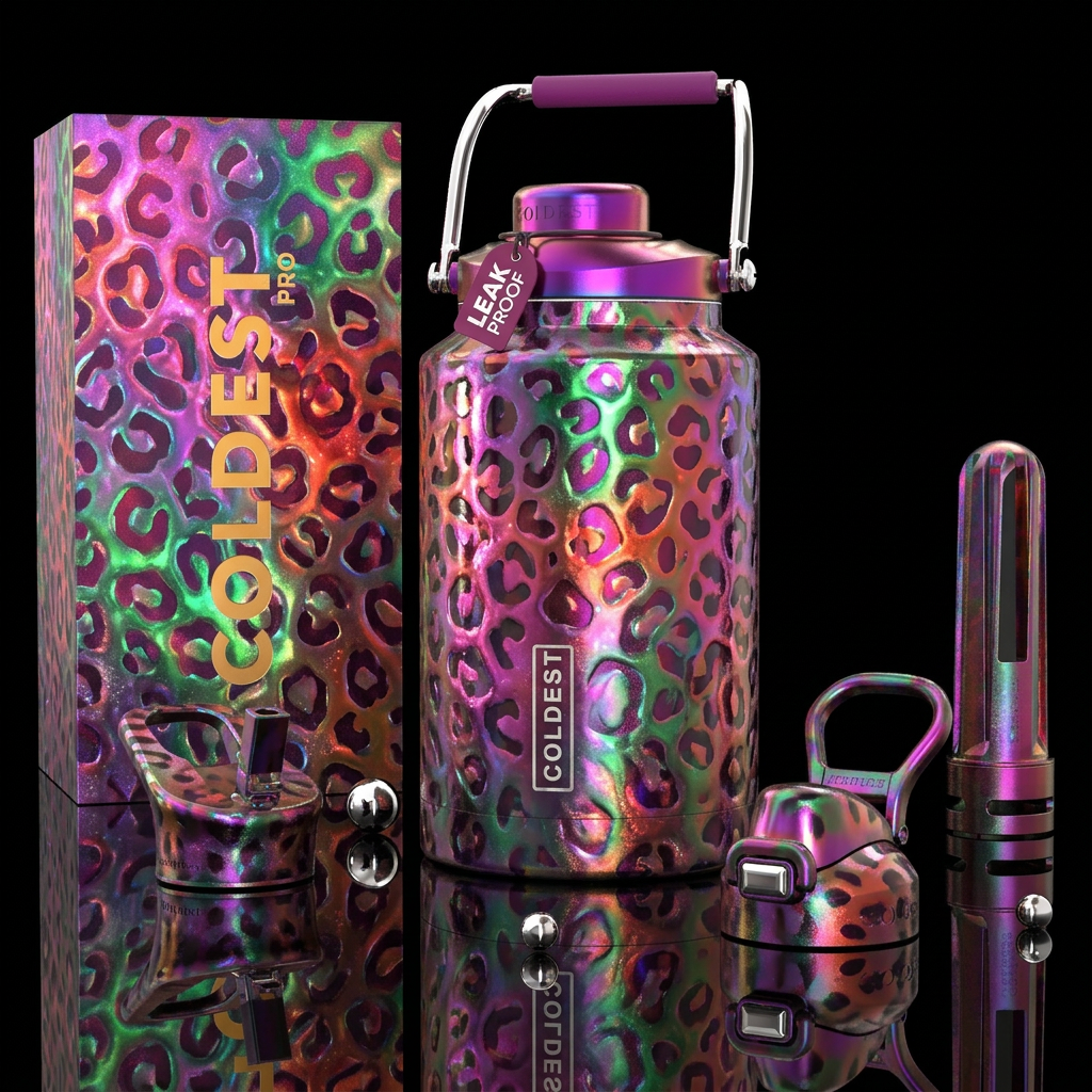 magical, leopard, shiny, sparkly, glowie, vibrant,... water bottle design