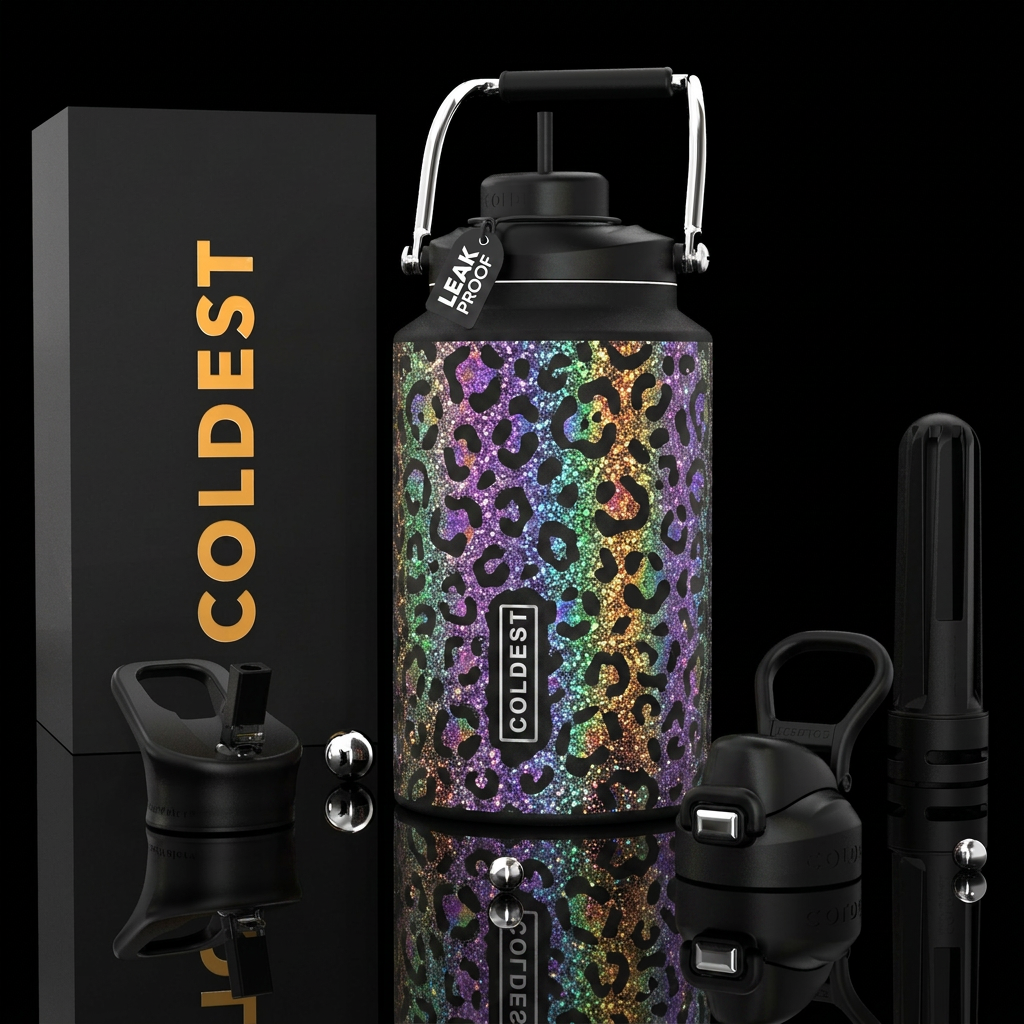 magical, leopard, shiny, sparkly, glowie, vibrant,... water bottle design