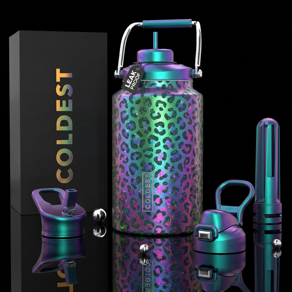 magical, leopard, shiny, sparkly, glowie, vibrant,... water bottle design