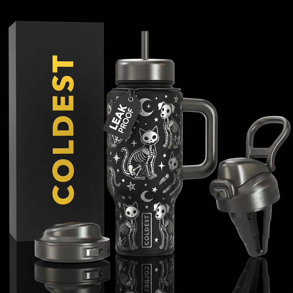 Silver cartoon skeleton cats and dogs with stars a... water bottle design