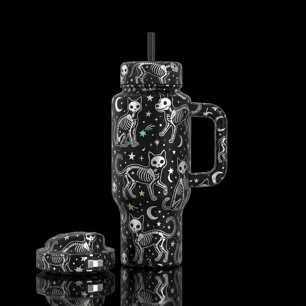 Silver cartoon skeleton cats and dogs with stars a... water bottle design