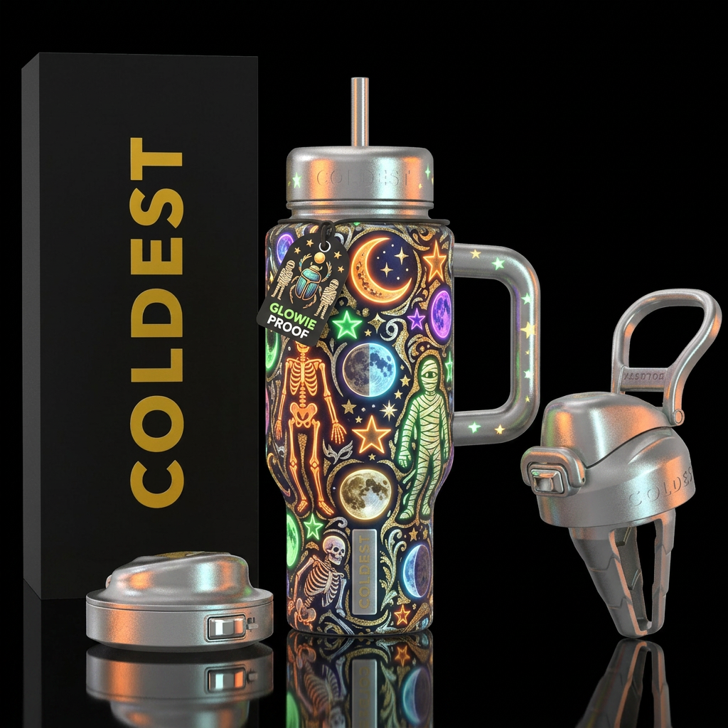 Glowie Halloween inbued skeletons mummy's stars mo... water bottle design