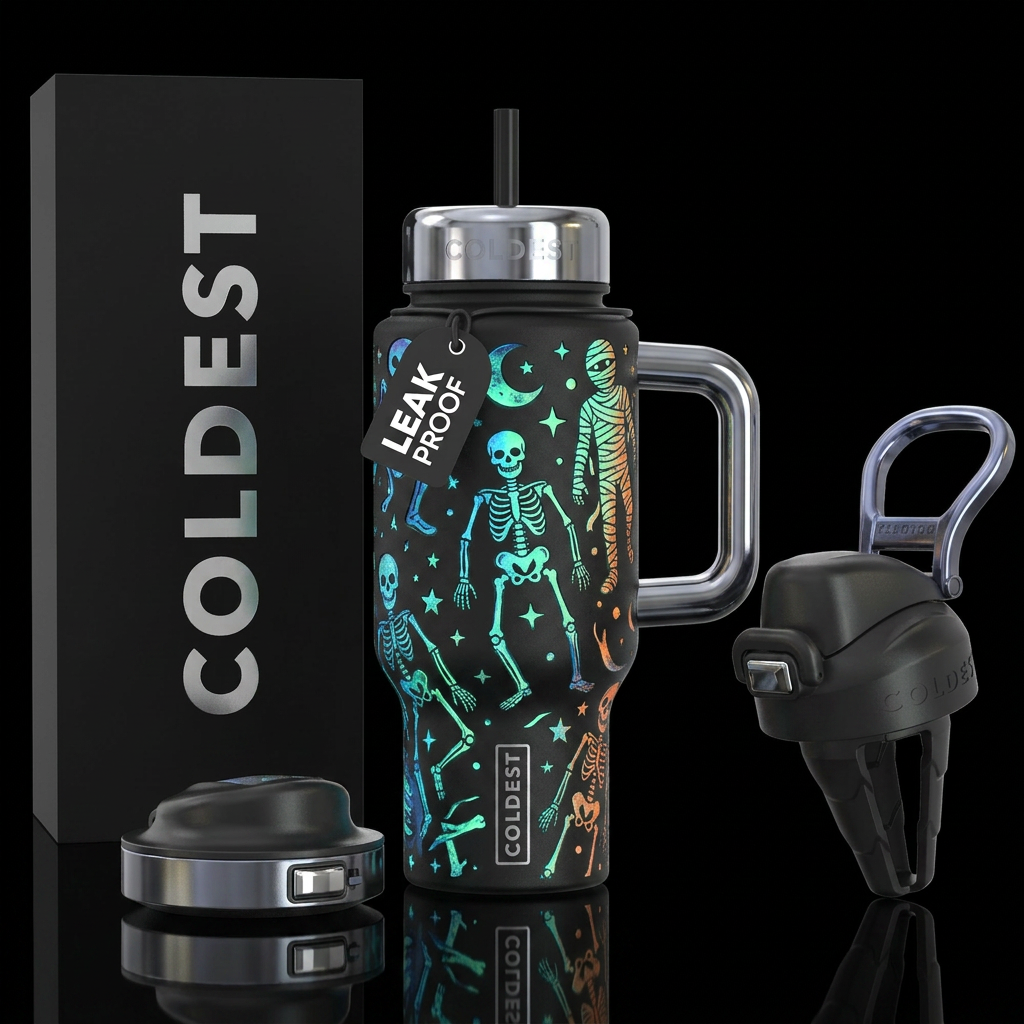Glowie Halloween inbued skeletons mummy's stars mo... water bottle design
