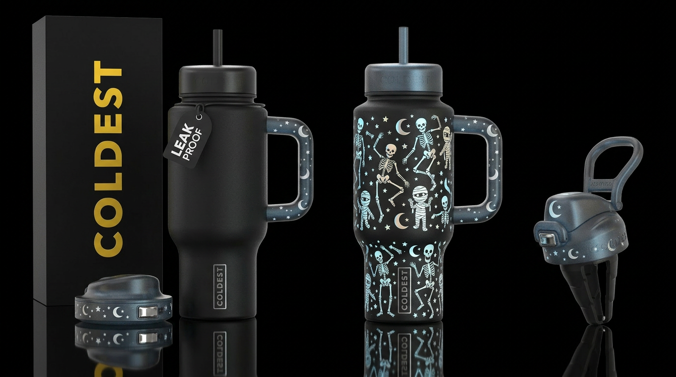 Glowie Halloween inbued skeletons mummy's stars mo... water bottle design