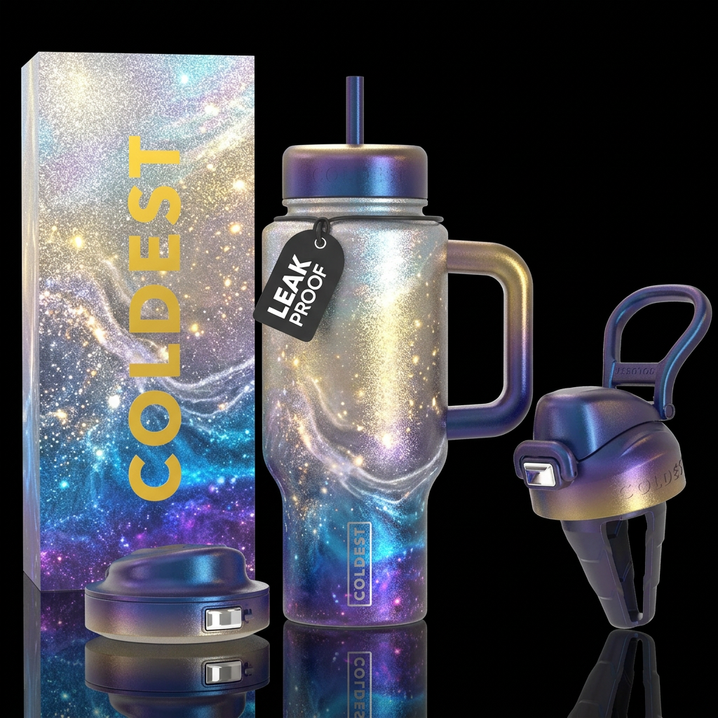 Silver and golden shores, magical, vibrant, shiny,... water bottle design