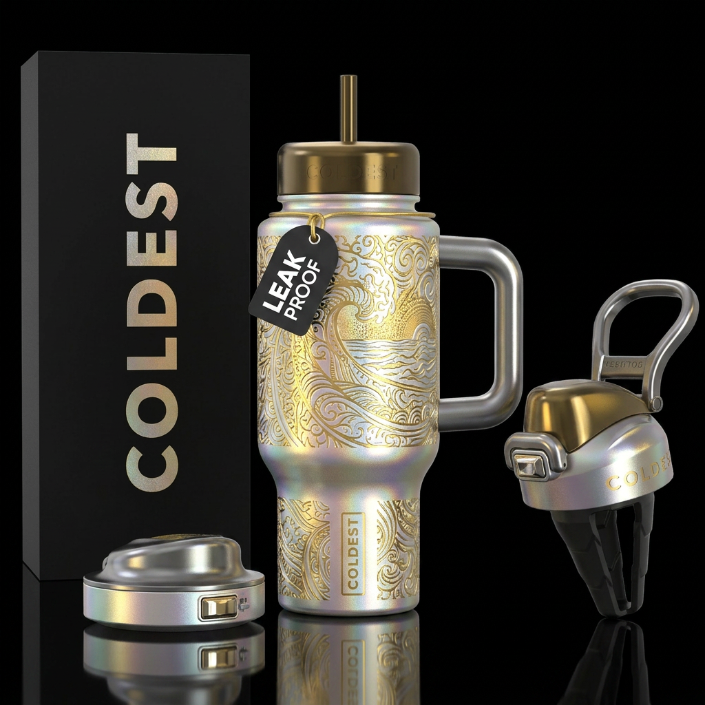 Silver and golden shores, magical, vibrant, shiny,... water bottle design