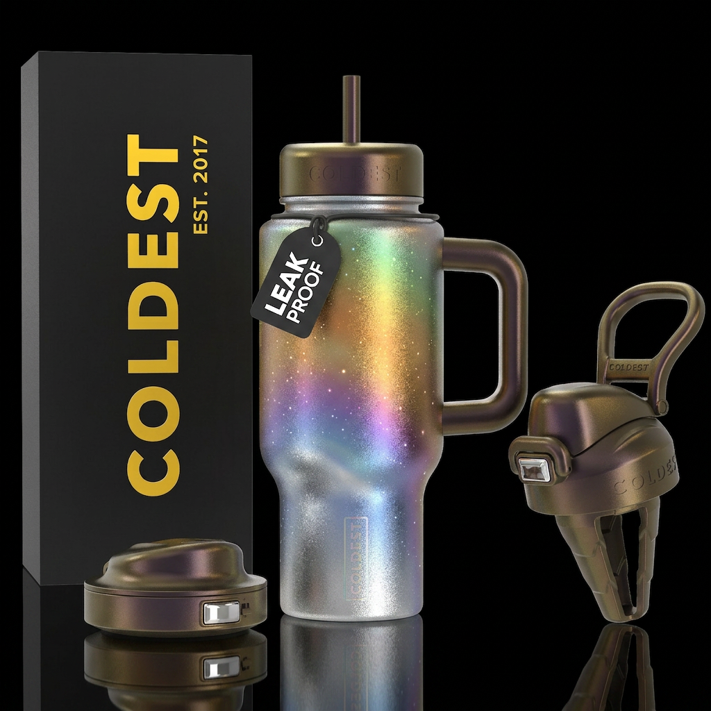 Silver and golden shores, magical, vibrant, shiny,... water bottle design