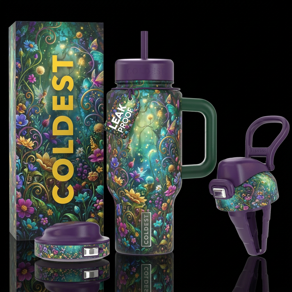 alluring, wildflowers, fairy tale, vibrant, magica... water bottle design
