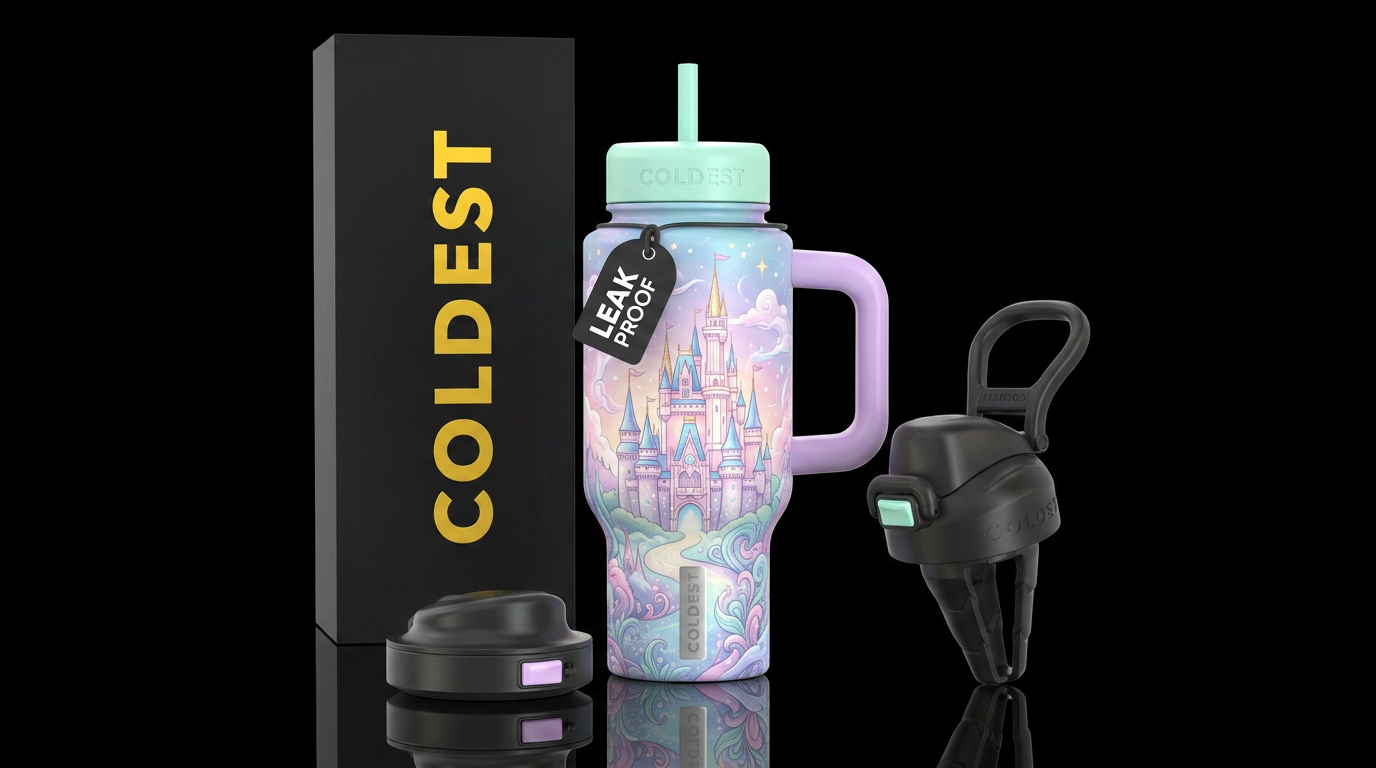 Fairytale castle inbued,vibrant pastel,magical fan... water bottle design