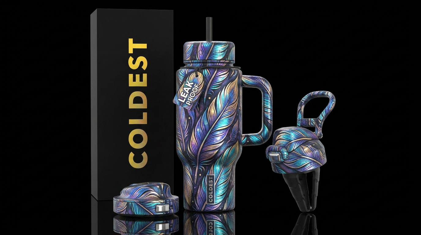shimmer, feathers, stylistic, inbued, vibrant, tat... water bottle design