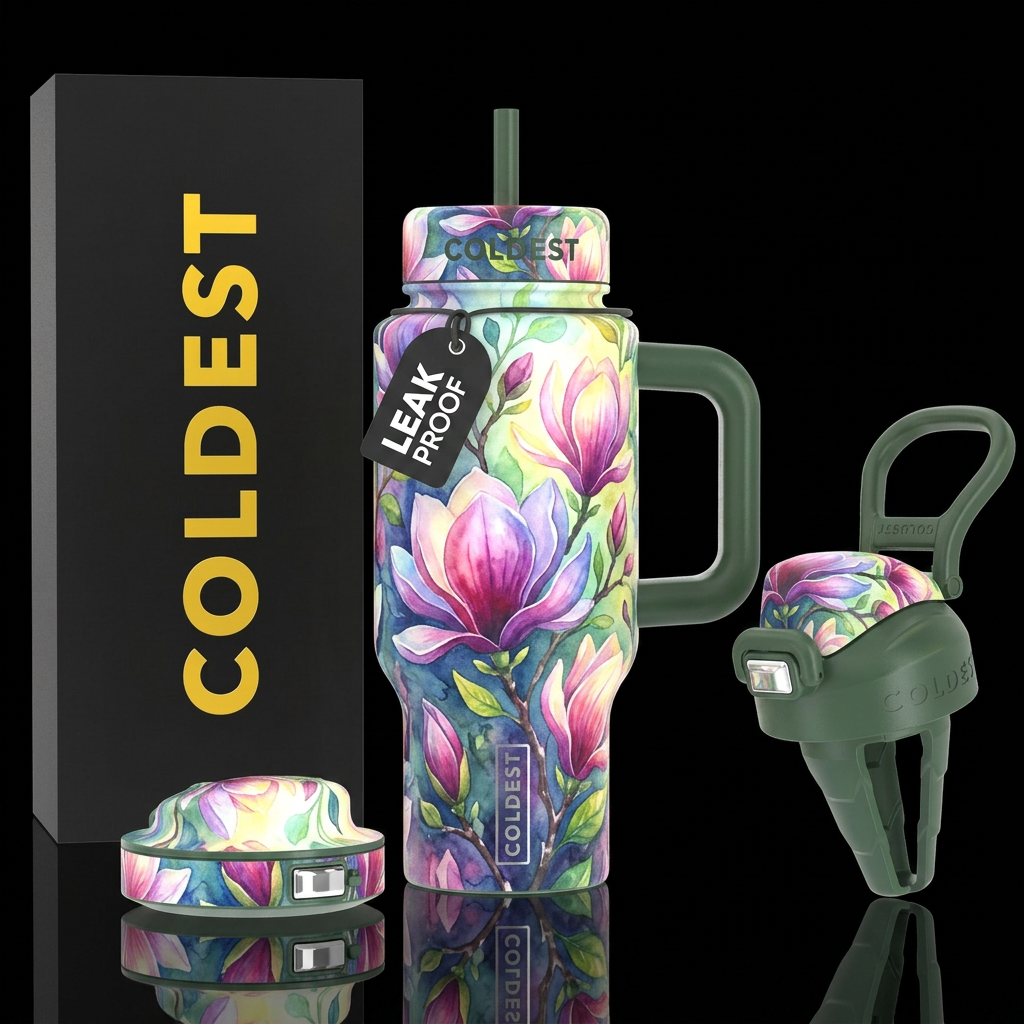 watercolor, bold, magnolia, glowie, beautiul, vibr... water bottle design