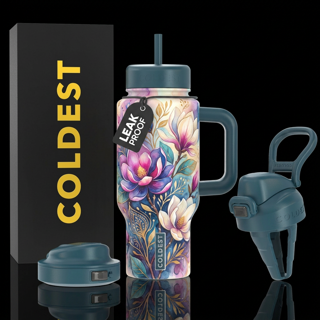 watercolor, bold, magnolia, glowie, beautiul, vibr... water bottle design