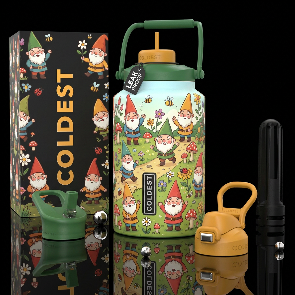Cute, cartoon, garden gnomes, vibrant, inbued, hap... water bottle design