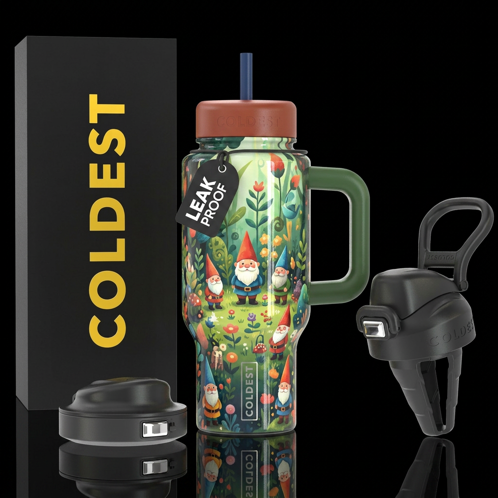 Garden gnomes, vibrant, modern, stylistic, whimsic... water bottle design