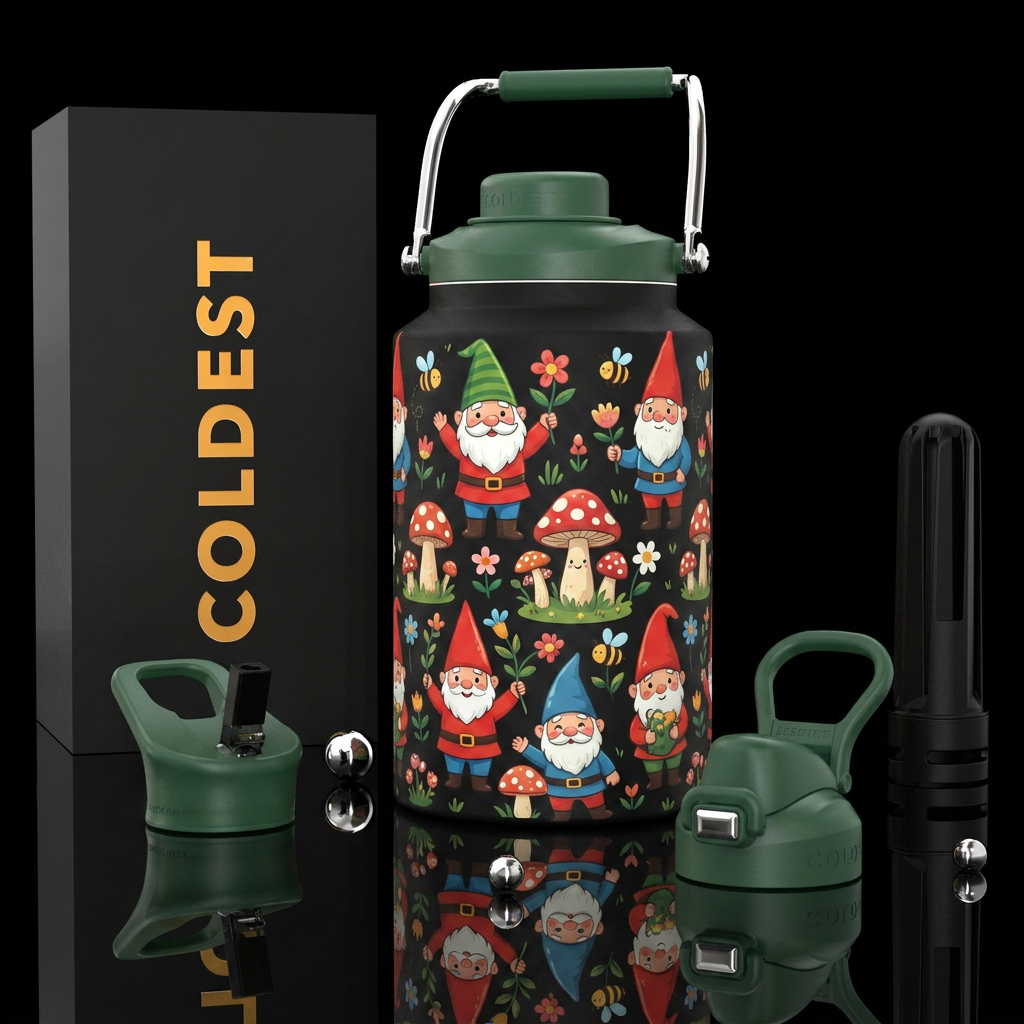 Cute, cartoon, garden gnomes, vibrant, inbued, hap... water bottle design
