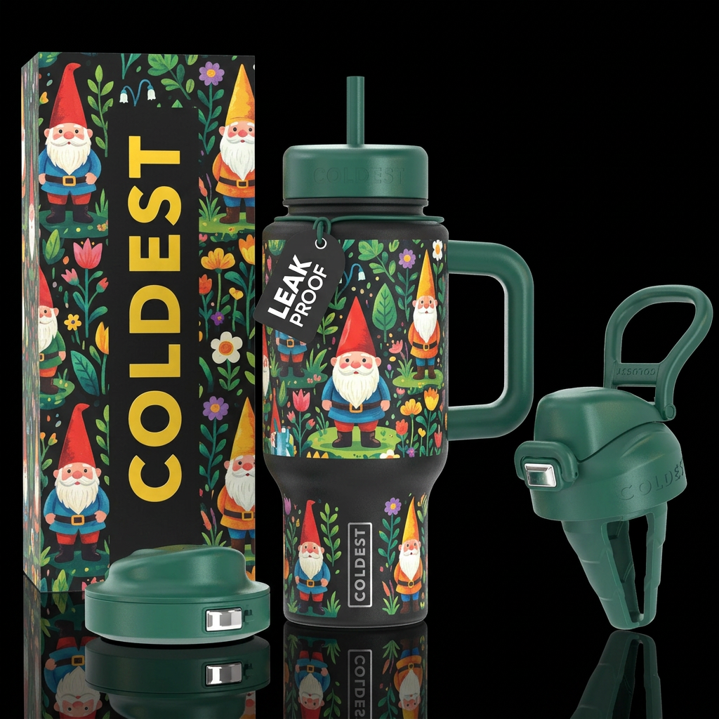 Garden gnomes, vibrant, modern, stylistic, whimsic... water bottle design