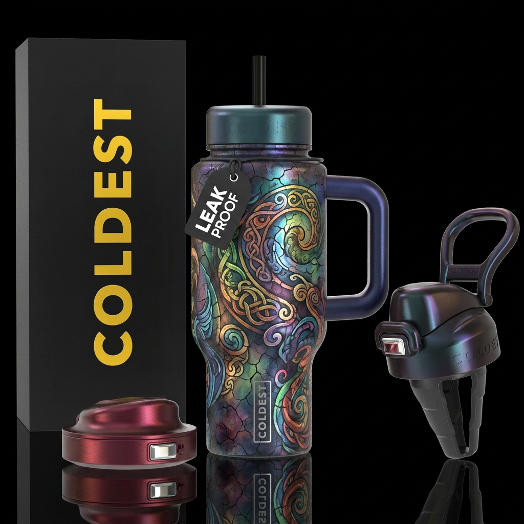 tattoo style, vibrant, cracked, folklore, fantasy,... water bottle design