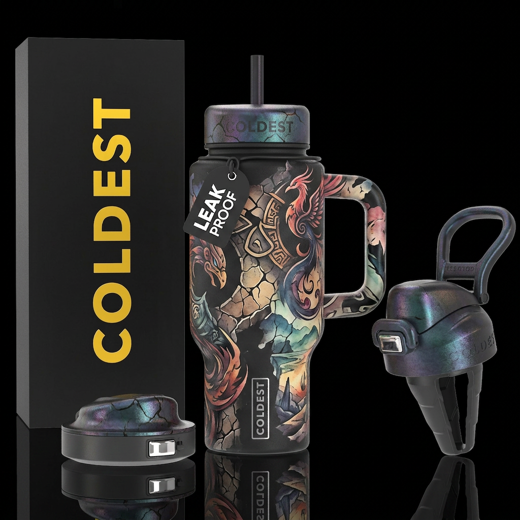 tattoo style, vibrant, cracked, folklore, fantasy,... water bottle design