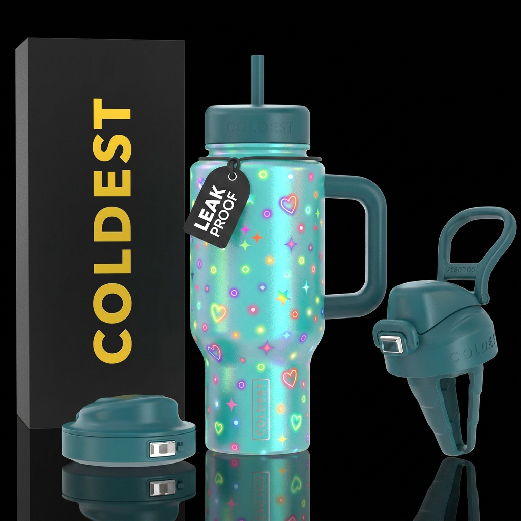 Aqua background with colorful glowie dots stars an... water bottle design
