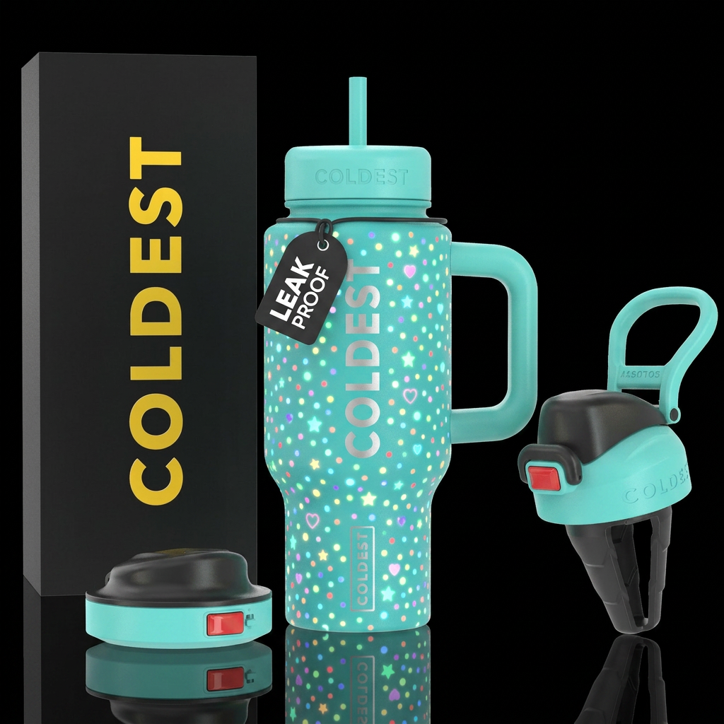 Aqua background with colorful glowie dots stars an... water bottle design