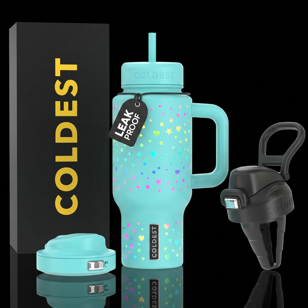 Aqua background with colorful glowie dots stars an... water bottle design
