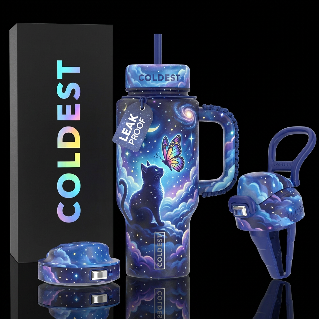 cat, butterfly, inbued, starry night, vibrant, bea... water bottle design