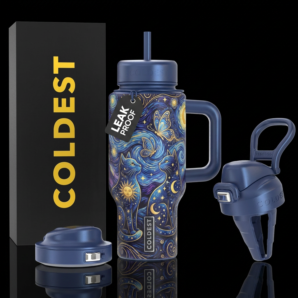 cat, butterfly, inbued, starry night, vibrant, bea... water bottle design