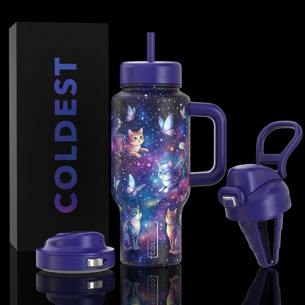cat, butterfly, inbued, starry night, vibrant, bea... water bottle design